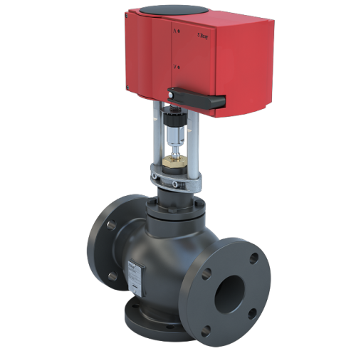 4 inch, Flanged Globe valve, 3way, Cast Iron body,Bronze trim, CV 160, Normally Closed, Normally Closed to C | Pic and Globe Valve Linear Actuator 24VAC/DC Spring Return-down (EXTENDED), with Auxiliary Switch  0